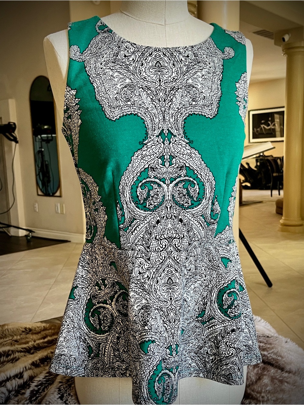INC International Concepts Green and White Printed Peplum Top